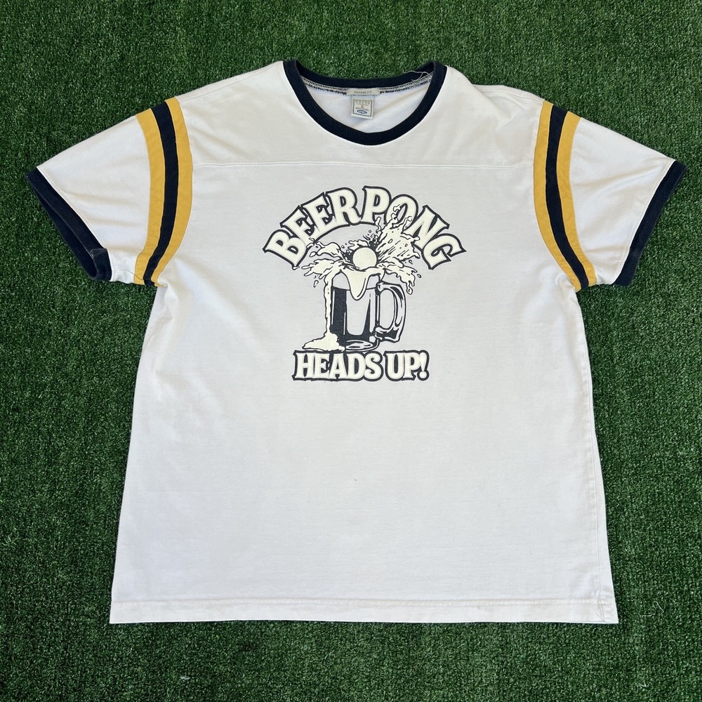 VTG‎ Old Navy T-Shirt Mens Large White Beer Pong Heads Up! 70s Style Funny Y2K